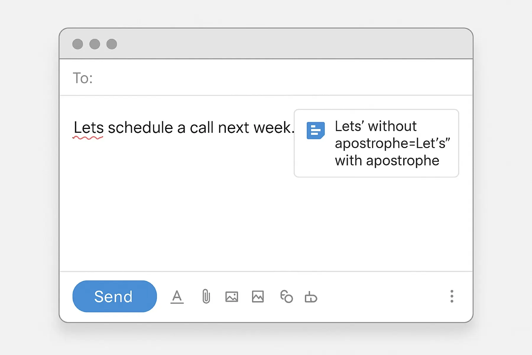 Close-up of typed words highlighting common writing mistakes like apostrophes and spelling.